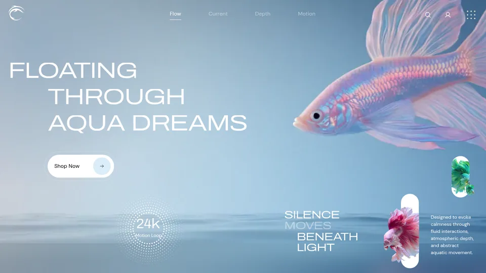 Captura de la demo aquadreams: Estudio de bucles acuaticos. Un film de 15 s que no se reproduce nunca: lo rasca el scroll mientras el pez se sumerge y la interfaz se despega en cuatro capas.