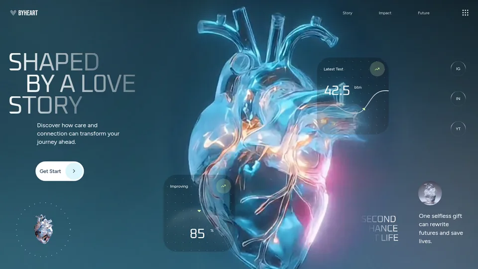 Captura de la demo byheart: Registro de donantes de organos. Un corazon de cristal en video y los datos en fichas de vidrio.