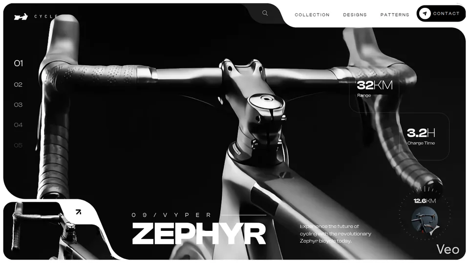 Captura de la demo Zephyr / Cycle: Bicicleta electrica de gama alta. Un cartel editorial en negro sobre un bucle a sangre, con lienzo de 1420x790 y coreografia de carga de 1,9 s.