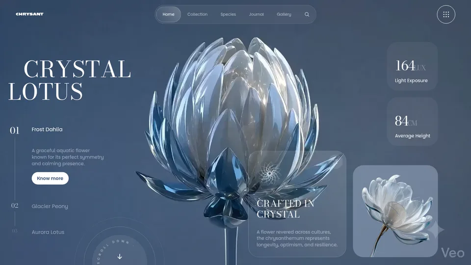 Captura de la demo chrysant: Estudio botanico que cataloga flores de cristal. Composicion editorial muy cuidada.
