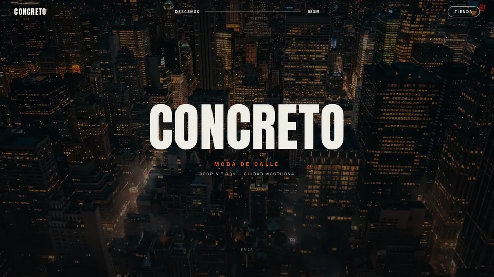 Captura de la demo concreto: Moda de calle en Ciudad de Mexico: un descenso de cine en cuatro escenas fijadas al scroll (cielo nocturno, callejon con reja, muelle con perchero y losa de concreto) con altimetro que cuenta de 980 m a 0, y un catalogo de seis prendas que giran y se relevan al bajar. Un solo index.html con GSAP y Lenis.