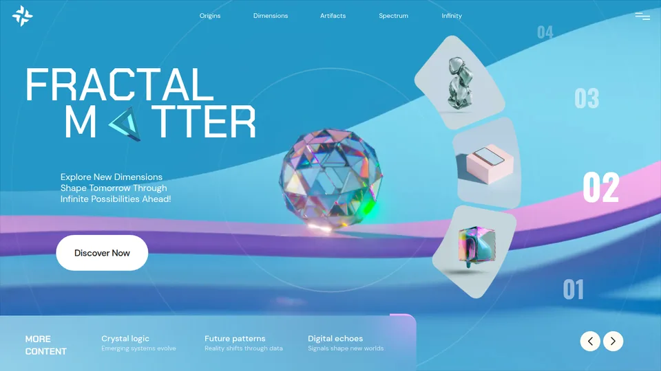 Captura de la demo fractalmatter: Estudio digital de una sola pantalla: un film de cristal en bucle, anillos, un arco de tres tarjetas que gira hasta su sitio y el titular FRACTAL / M△TTER que entra letra a letra, con una barra de cristal esmerilado abajo. Toda la coreografia de entrada dura 1,6 segundos.
