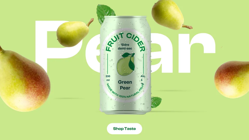 Captura de la demo Fruity: Sidra de fruta. Tres sabores en un carrusel 3D: la lata gira sobre su eje, la palabra gigante se desliza y la fruta cae, todo a la vez.