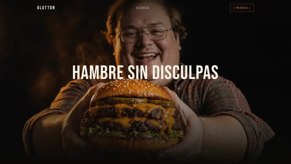 Captura de la demo GLUTTON: Hamburgueseria smash. Video fijado que se rasca con el scroll y el titular se parte en rojo y cian al soltarse; el menu pasa en horizontal.