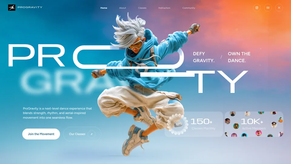 Captura de la demo ProGravity: Estudio de danza aerea. El hero es un lienzo de 1440x810 en unidades de contenedor, con el titular partido en cinco piezas y el bailarin pasando por delante.