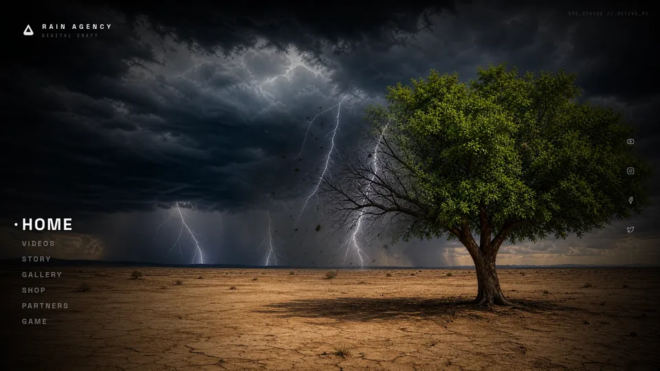 Captura de la demo rainagency: Estudio en una sola pantalla: la tormenta del fondo descubre otra bajo el cursor. Menu vertical, panel lateral por pestanas y una caja de ritmos que suena de verdad.