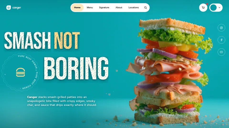 Captura de la demo smashnotboring: Hamburguesas smash. Descarada, con mucho color y el producto por delante.