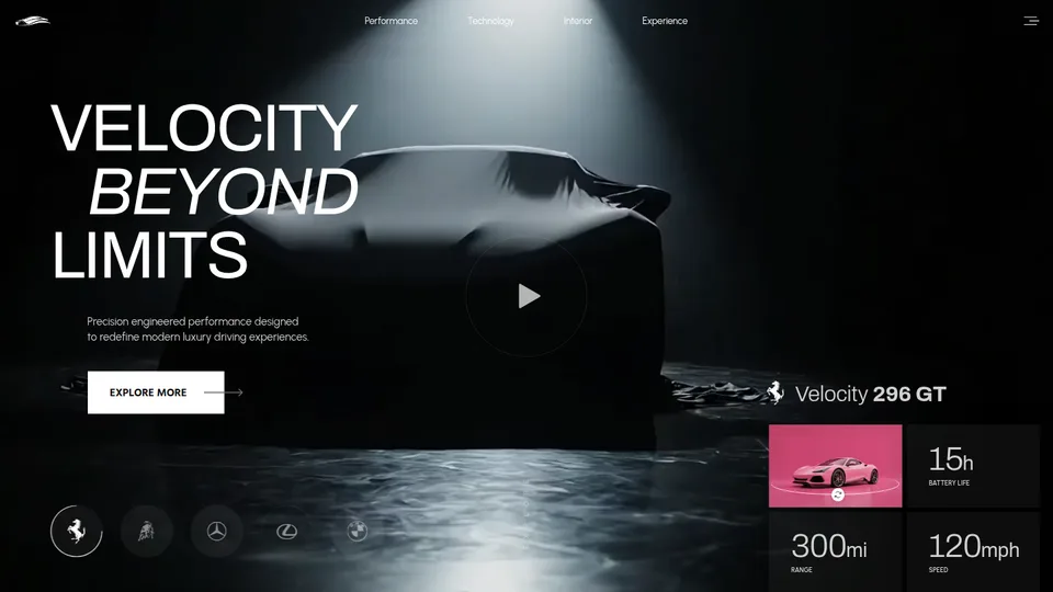 Captura de la demo Velocity Beyond Limits: Marca de coches de altas prestaciones. Dos capitulos fijados sobre un lienzo de 1920x1080 escalado; los dos films se rascan con el scroll.