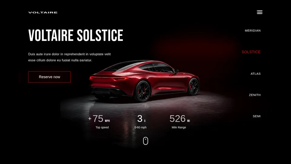Captura de la demo voltairemotors: Cinco coches electricos en una sola pantalla: la rueda del raton cambia de modelo y cada uno trae su color, su foto y sus cifras contando con rebote.