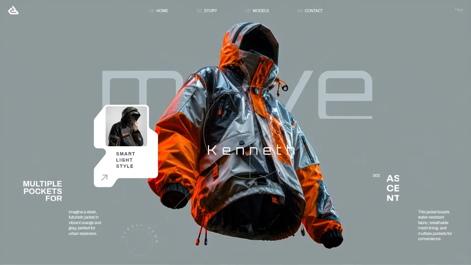 Captura de la demo walkingghost: Chaqueta tecnica sobre lienzo de 1440x810. El film de la chaqueta se reproduce una vez y cede el paso al recorte con alfa; el titular gigante se lee a traves de el.