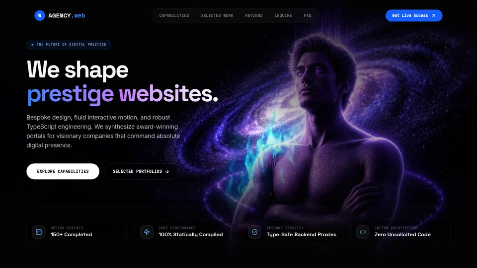 Captura de la demo webagency: Agencia web oscura: la foto del hero descubre una segunda imagen solo dentro de un circulo suave que sigue al raton. Calculadora de presupuesto en vivo, casos con ficha y testimonios filtrables.