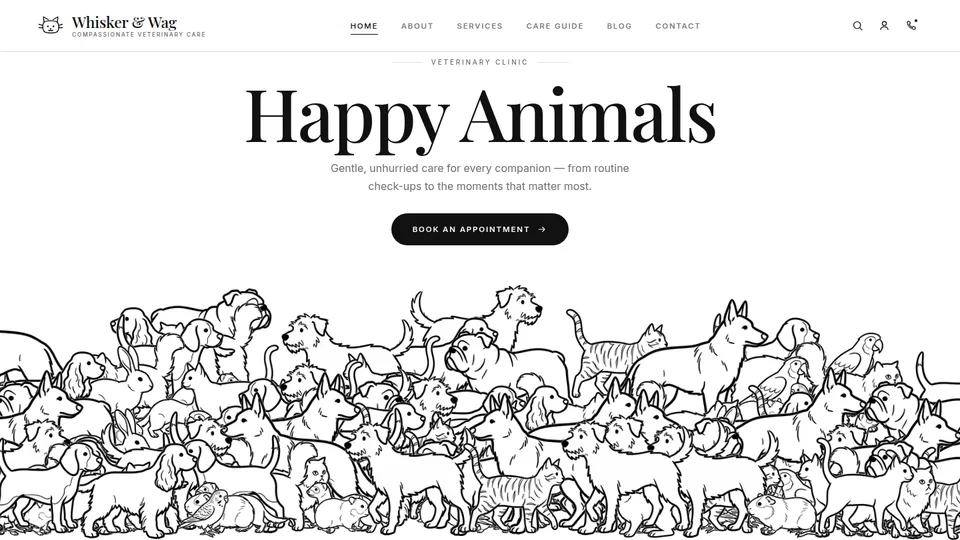Captura de la demo whiskerwag: Clinica veterinaria en una sola pantalla: el fondo entero es un lienzo con cientos de animales dibujados a linea que cruzan andando en los dos sentidos, ordenados por profundidad para que los de delante tapen a los de detras. El titular se centra solo en el hueco que deja la multitud a cualquier tamaño. Blanco y negro, sin scroll.