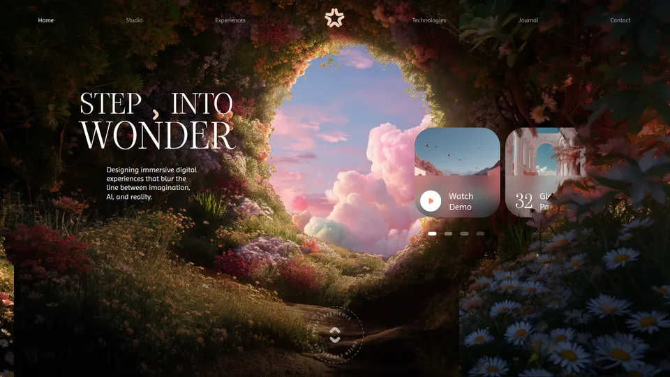 Captura de la demo Arkkhe: Estudio de experiencias con IA. Un bosque de flores se aparta al bajar y deja ver el mundo del cielo.