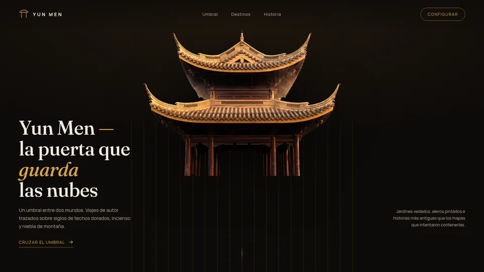 Captura de la demo YUN MEN: Viajes de autor por el lejano oriente. Casi negro y oro, con una cortina de caligrafia que se puede agarrar.