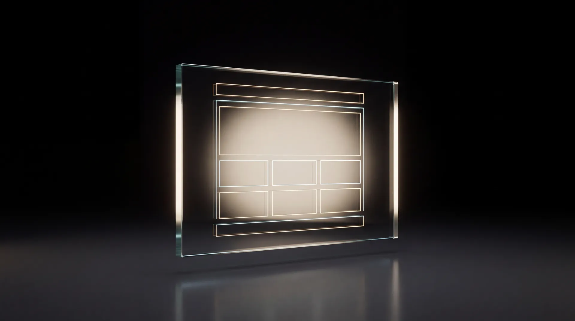 El panel de cristal encendido: cabecera, portada, seis tarjetas y pie dibujados con luz